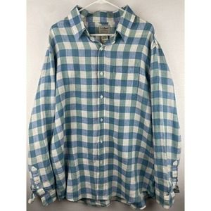 LL Bean Men Size Large Shirt Button Down Top Blue White Green Plaid 100% Linen